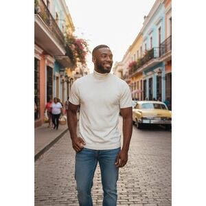 Vtg 50s 60s Fairmont Ban-Lon Butter Yellow Knit SS Turtleneck Shirt Men LG Metro